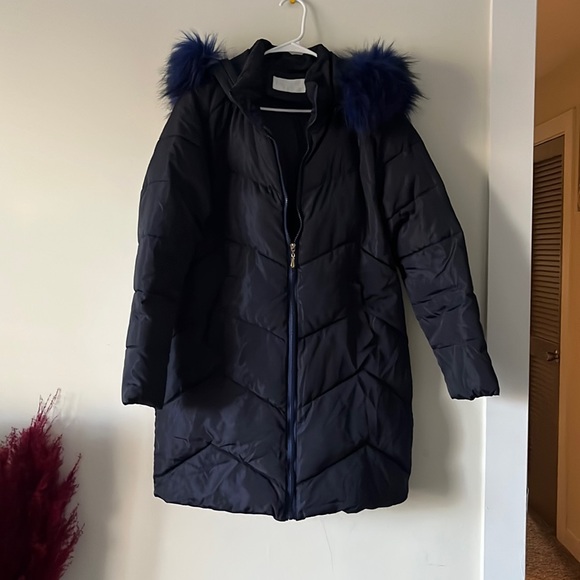 kasimu Jackets & Blazers - Long navy blue bubble coat with fur hoodie